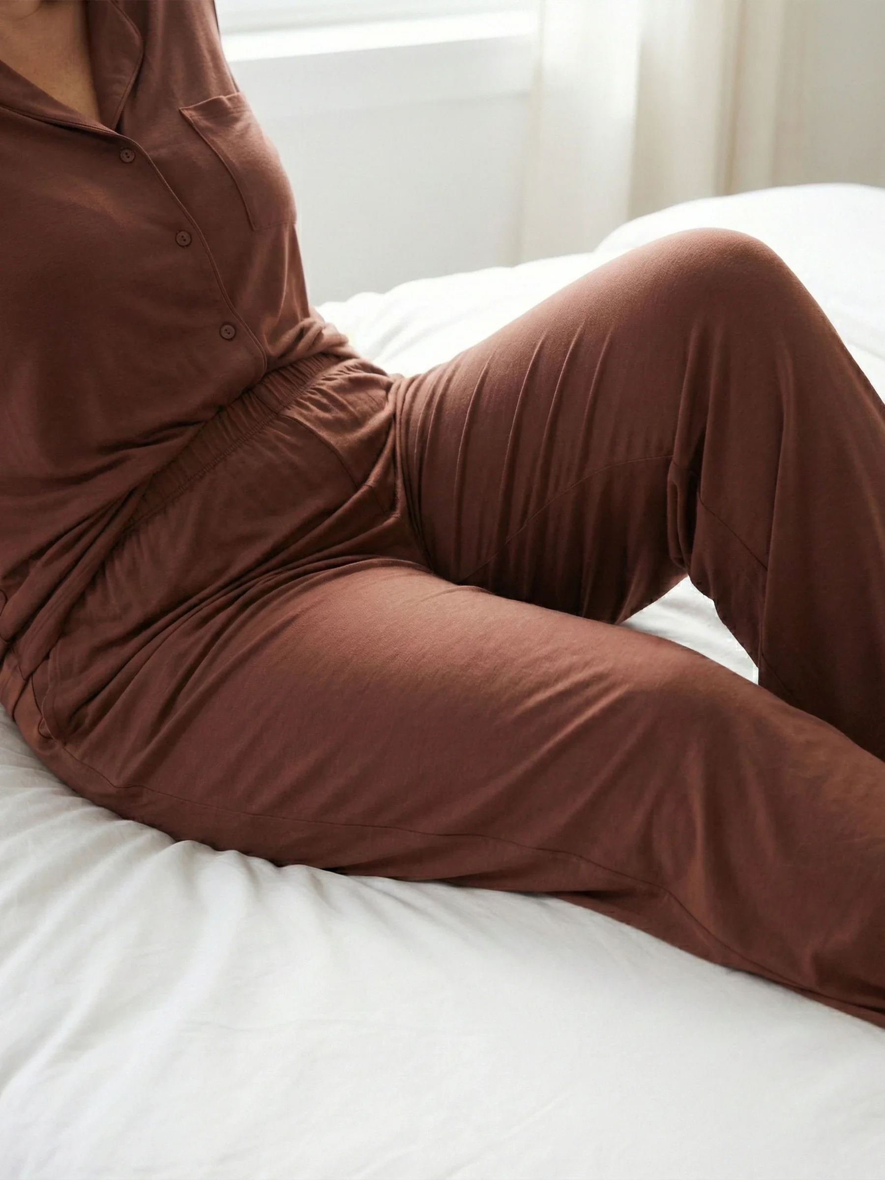 Brown Oversized Jersey Pocket Detail Long PJ Set - Image 8
