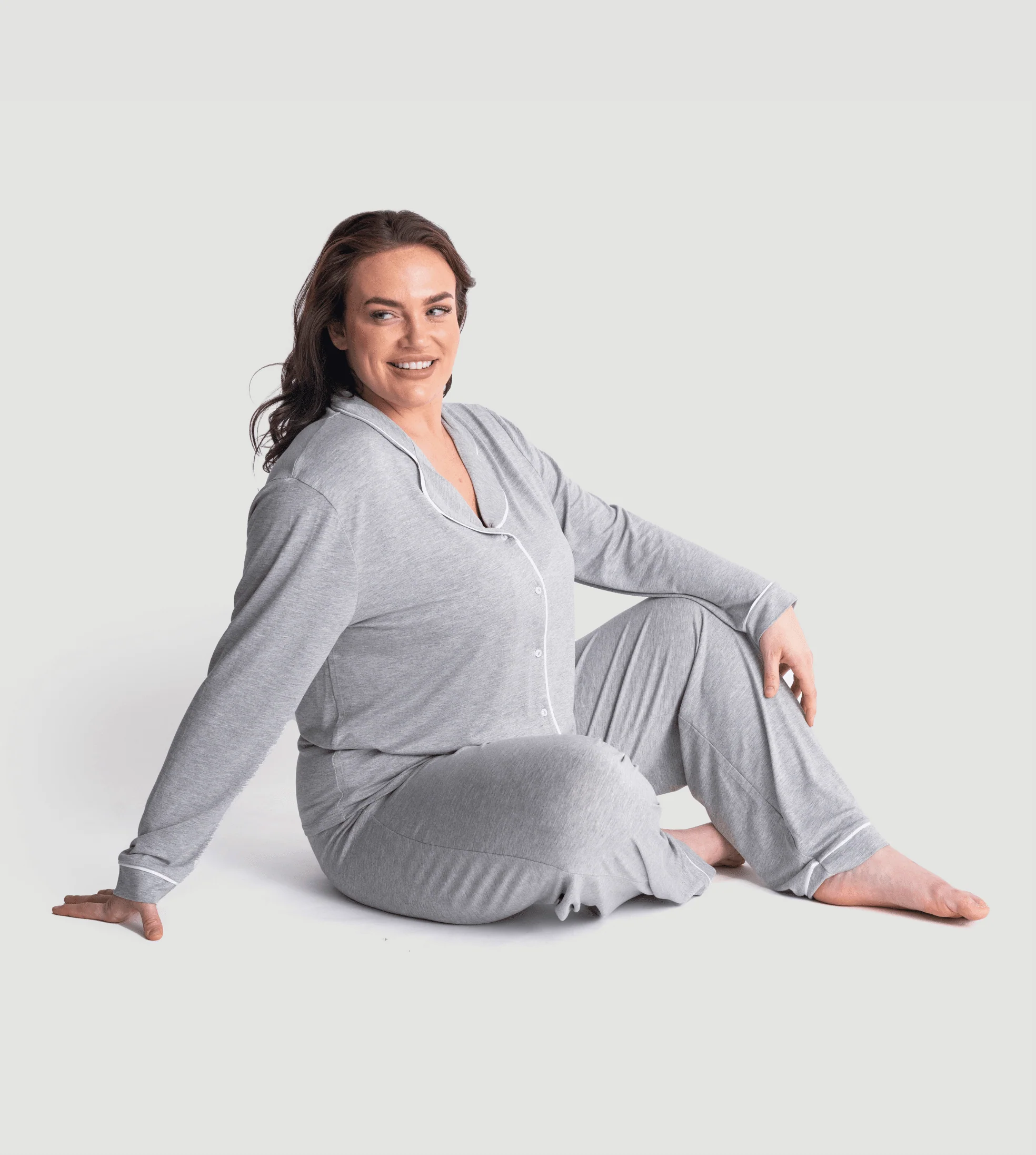 Marl Grey Oversized Jersey Piping Detail Long PJ Set - Image 10