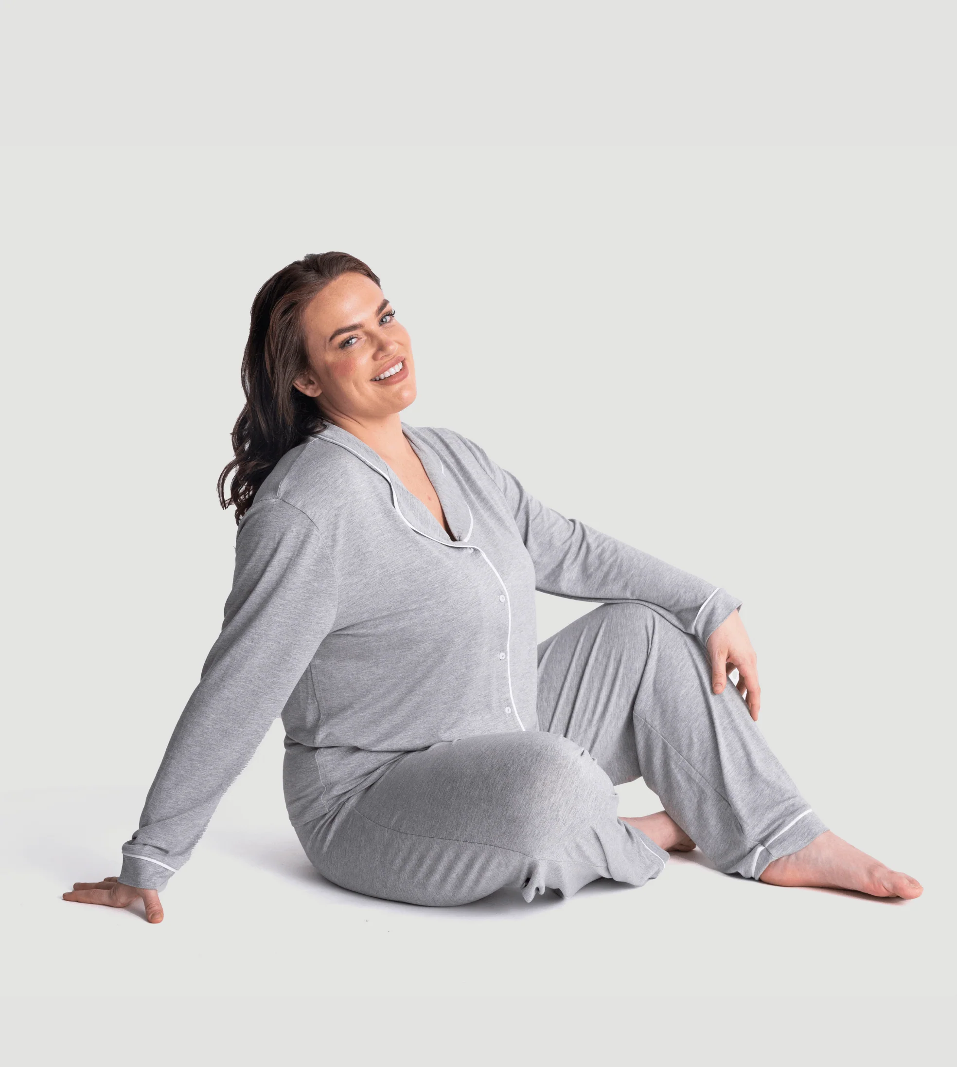 Marl Grey Oversized Jersey Piping Detail Long PJ Set - Image 3