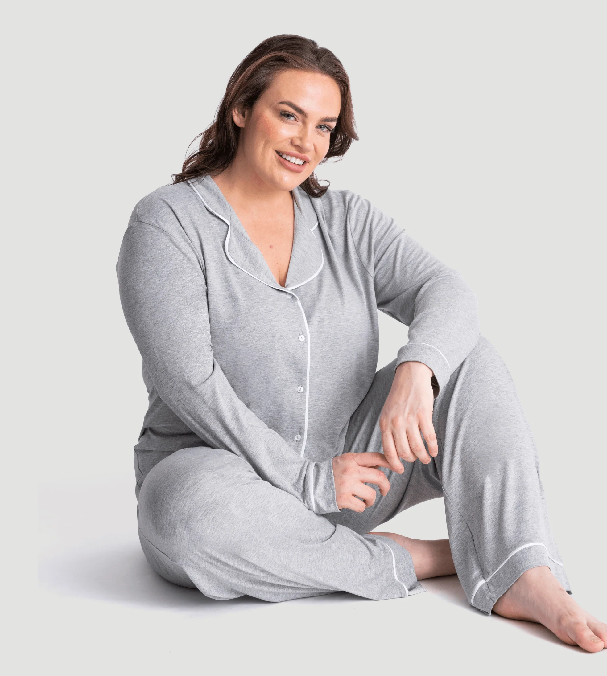 Marl Grey Oversized Jersey Piping Detail Long PJ Set - Image 4
