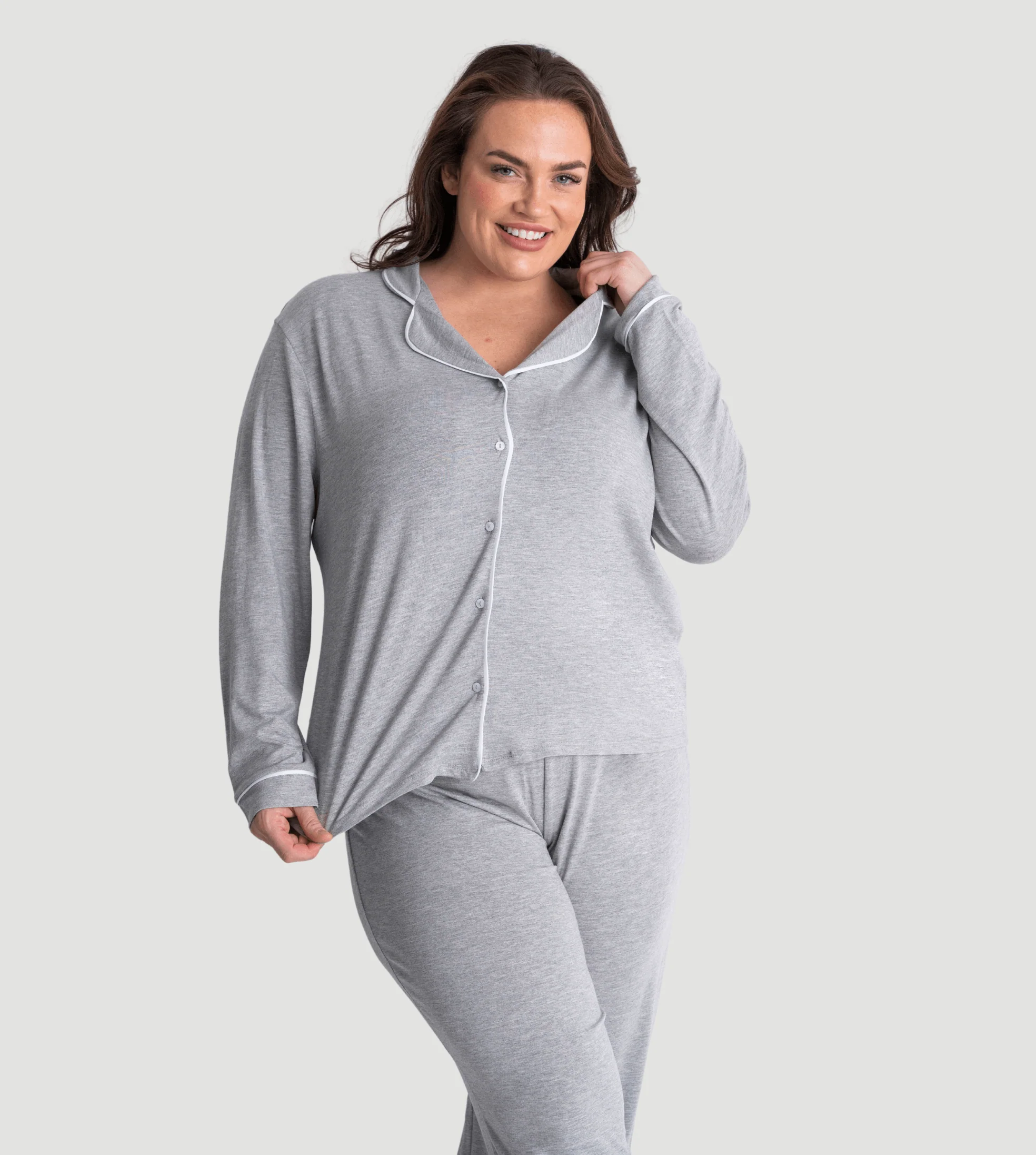 Marl Grey Oversized Jersey Piping Detail Long PJ Set - Image 7