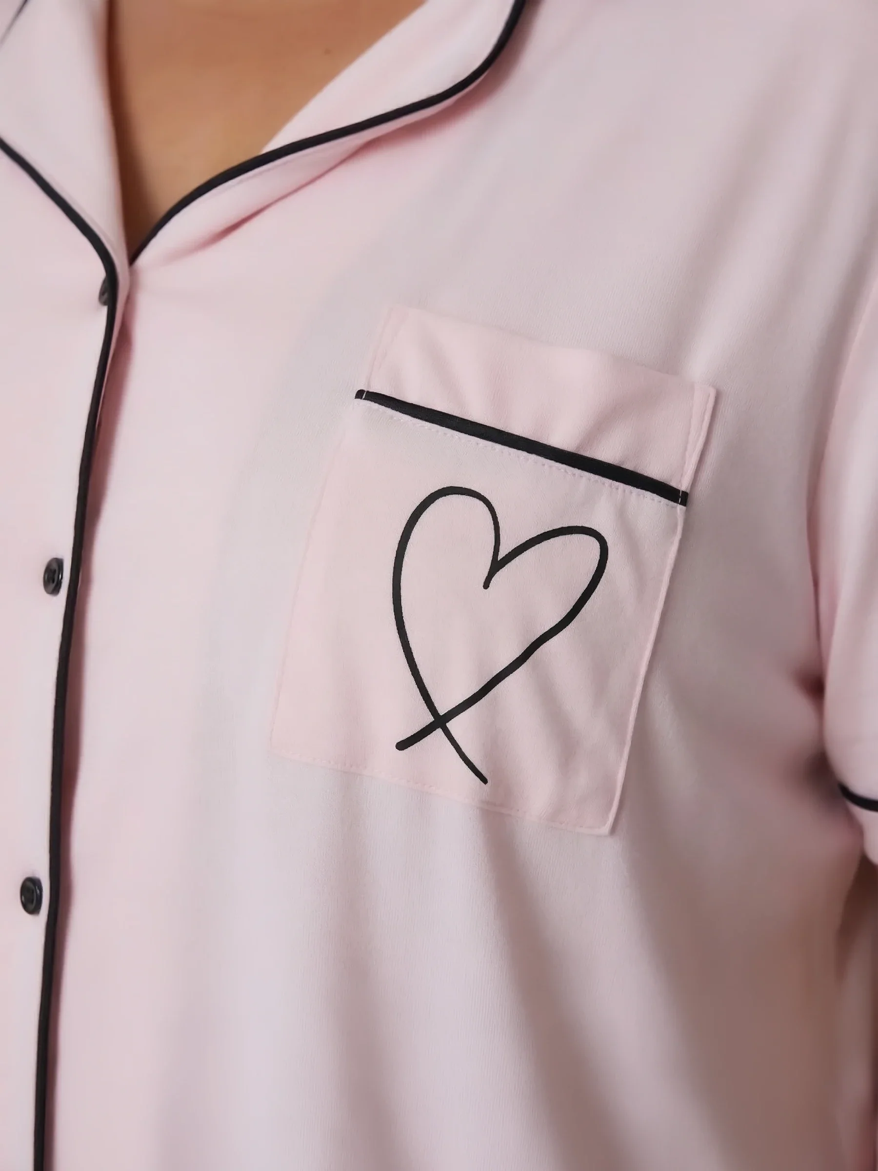 Pink Oversized Jersey Black Piping Detail Short PJ Set - Image 5